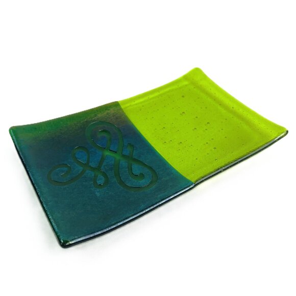 Handmade Fused Glass Dish Lime Green Blue Artisan Design Decorative Tray - Picture 1 of 7